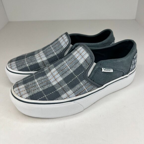 Vans Womens 721356 Gray Asher Platform Plaid Canvas Low Top Size 8 Slip On Shoes - Picture 1 of 9